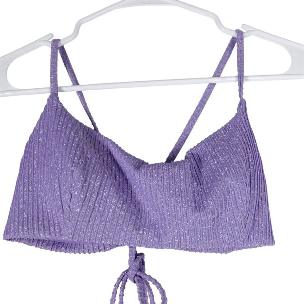 NWOT Sample Andie Women's Jetties Bikini Top S Purple Glitter Stripe Lace-Up